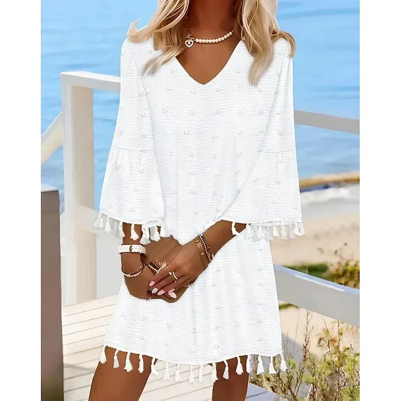 egufsh1740386036936.webp Women's Mini Dress Fringe Dress Elegant Dress Elegant Bell Sleeve Regular Fit Solid Color 3/4 Length Sleeve V Neck White Pink Orange Green Fall - Image 1