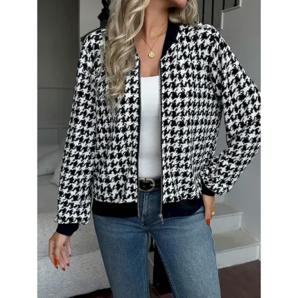 Women's Casual Jacket Comfortable Breathable Zipper Print Casual Houndstooth Vacation Street Casual Daily Wear Zipper Regular Stand Collar Regular Fit Long Sleeve Outerwear Black Grey Black Summer