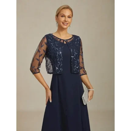 Women's Jacket Blazer Lace Embroidered Sequin Elegant Floral Formal Anniversary Party Wedding Guest Open Front Short Crewneck Regular Fit 3/4 Length Sleeve Outerwear Navy Blue Spring Fall