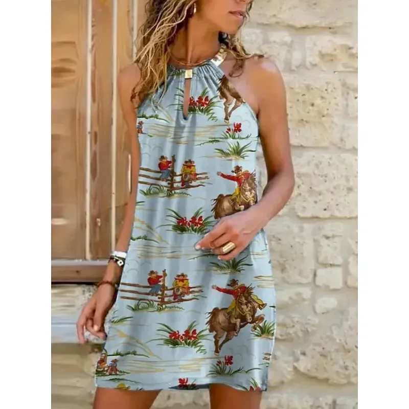 gjxwac1743385890483.webp Women's Mini Dress Summer Dress Halter Dress Casual Boho Daily Regular Fit Graphic Sleeveless Crew Neck Blue Summer - Image 1