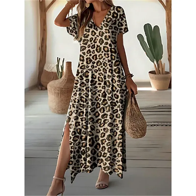 godzzy1717738490661.webp Women's Casual Dress Leopard Print Split Thigh V Neck Long Dress Maxi Dress Stylish Casual Daily Date Short Sleeve Summer - Image 1