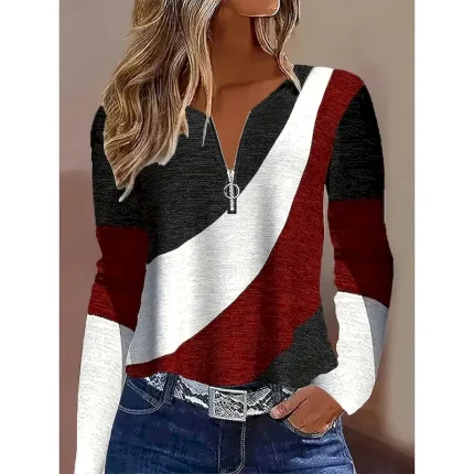 Women's T Shirt Graphic Geometric Color Block Vintage Stylish Classic Long Sleeve V Neck Regular Tops Daily Weekend Zipper Print Wine Fall Winter