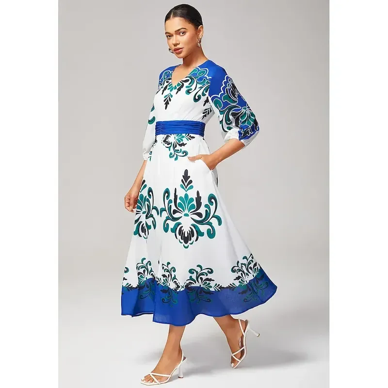 mnekcm1755250377786.webp Women's Bold Multicolor Print Faux Cotton Linen Teal Tea Dress Elegant Stylish Friend Gatherings Afternoon Tea Fall - Image 1