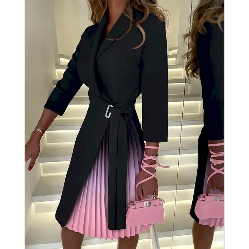 oxzsub1728542095635.webp Women's Casual Dress Mini Dress Patchwork Elegant Casual Lapel Long Sleeve Black Color - Image 1