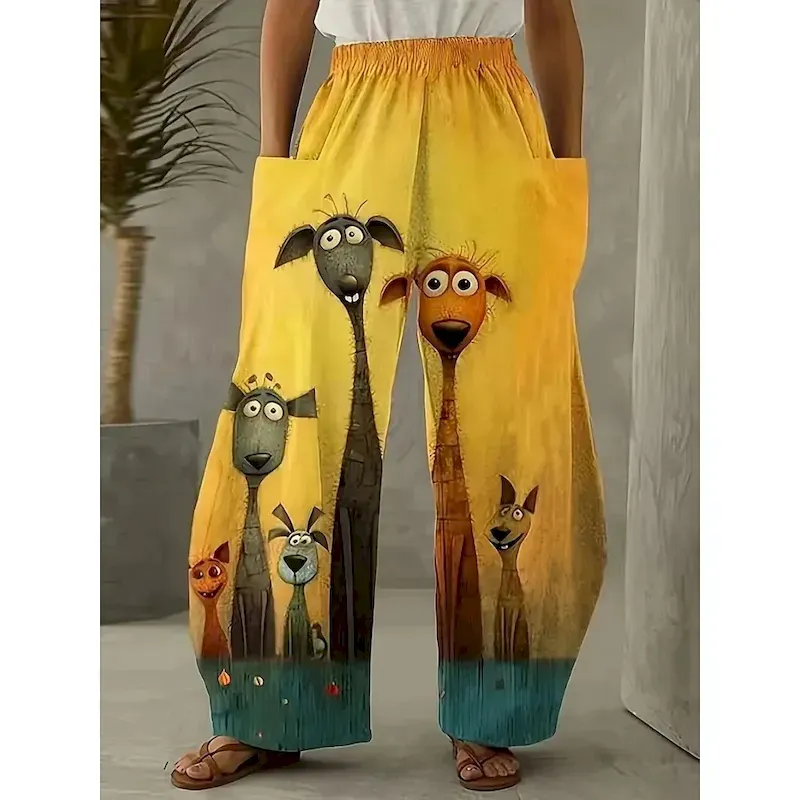 tchuva1756801076586.webp Women's Wide Leg Chinos Pants Trousers Vacation Fashion Casual Full Length High WaistPantsHalloween Cat Pocket Elastic Waistband Printing Comfy Soft Comfortable Stretchy Outdoor Street Black Yellow - Image 1