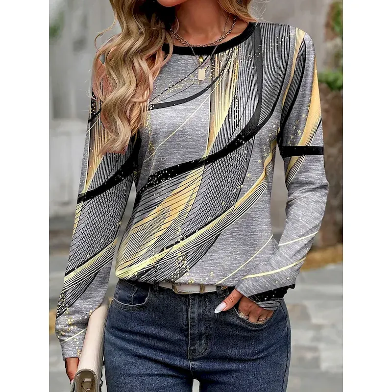 tsvsfk1723709561728.webp Women's T shirt Long Sleeve Crew Neck Long Sleeve Tunic Casual Print Regular Tops Daily Light Grey Spring Fall Prefall - Image 1