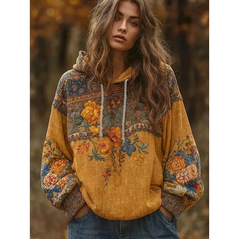 uxpmda1757565710284.webp Women's 3D Print Vintage Boho Hoodie Patchwork Hoodie Sweatshirt Floral Pullover Sweatshirt Elegant Warm Vintage Long Sleeve Hooded Street Dailywear Casual Patchwork Print Yellow Spring Fall Winter - Image 1