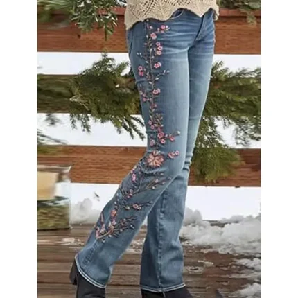 Women's Normal Jeans Stylish Retro Vintage Full Length High Waist Floral Pocket Comfy Breathable Micro-elastic Outdoor Street Blue Spring &  Fall Spring, Fall, Winter, Summer Regular Fit