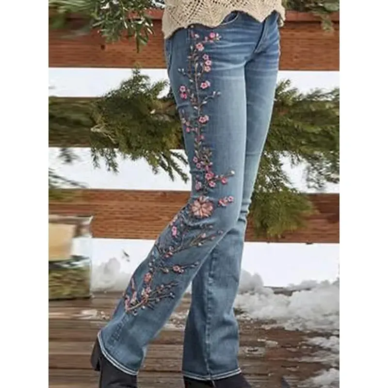 vbbweh1732859770762.webp Women's Normal Jeans Stylish Retro Vintage Full Length High Waist Floral Pocket Comfy Breathable Micro-elastic Outdoor Street Blue Spring & Fall Spring, Fall, Winter, Summer Regular Fit - Image 1