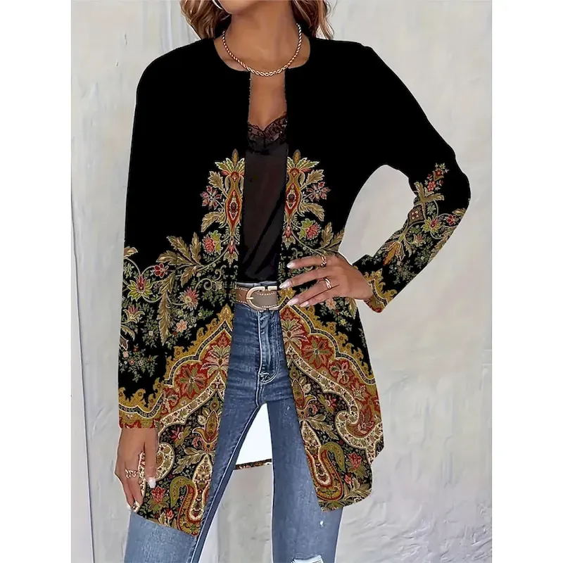 vzeurn1751364620920.webp Women's Casual Jacket Comfortable Breathable Pocket Open Front Elegant Vintage Fashion Daily Geometric Vacation Daily Wear Regular Crewneck Long Sleeve With Pocket Loose Fit Long Sleeve Coat - Image 1