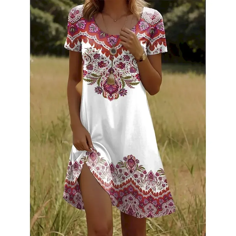 wnidci1747649838031.webp Women's Mini Dress T Shirt Dress Tee Dress Sundress Vacation Casual Boho Going out Regular Fit Graphic Paisley Short Sleeve V Neck Yellow Red Blue Purple Summer - Image 1